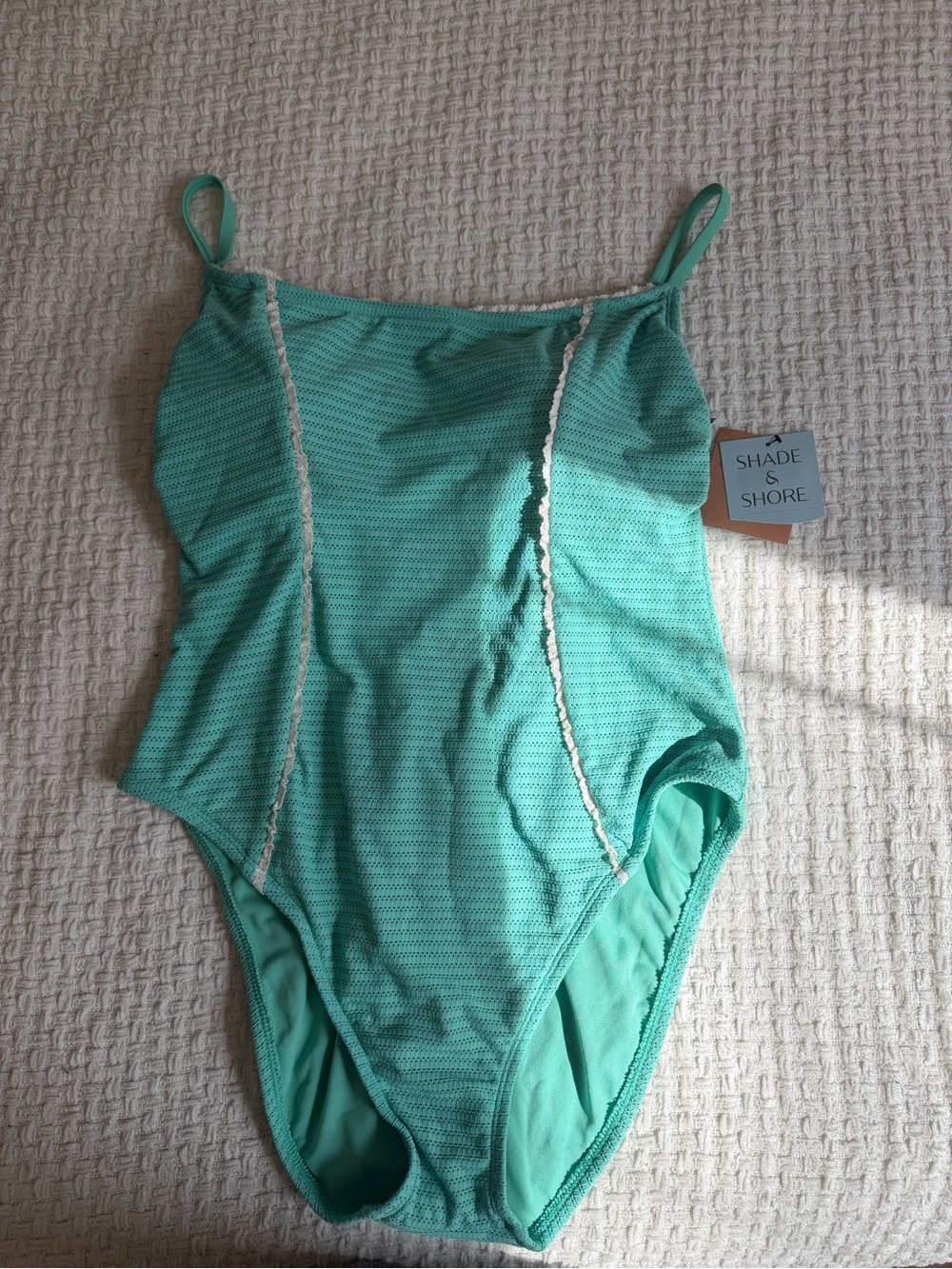 Shade & Shore Girls' Aqua Textured One-Piece Swimsuit with Scalloped Trim